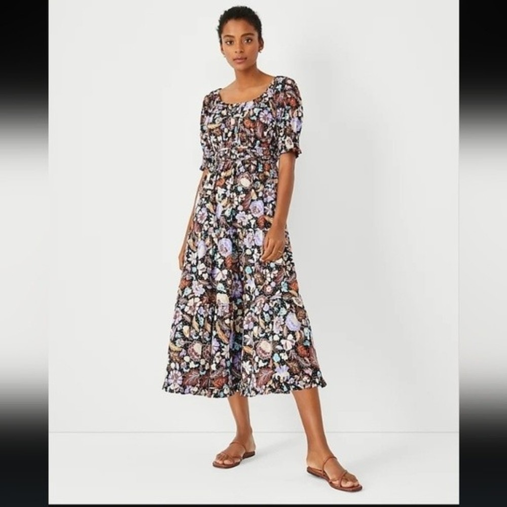 Ann Taylor Batik floral midi dress prairie cottage core spring church brunch tea